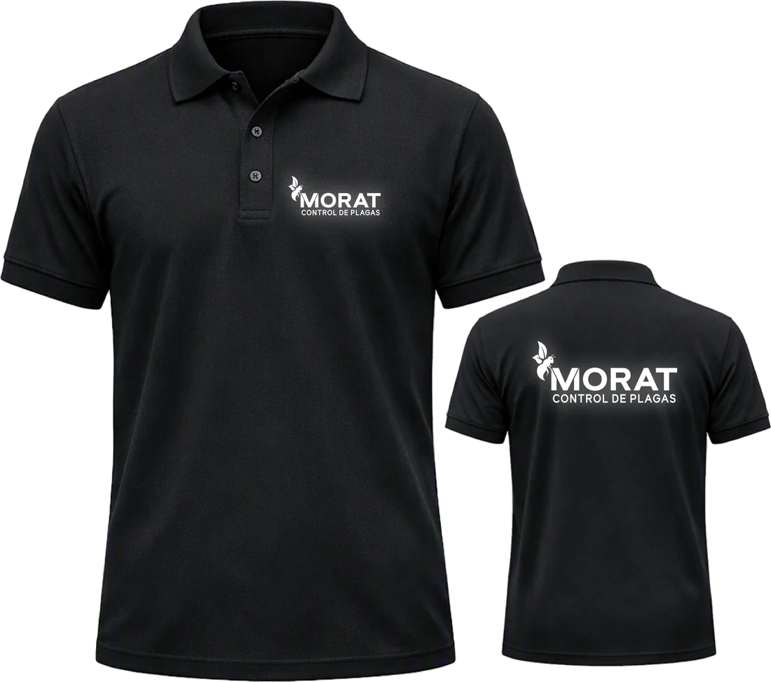 Playeras polo negras con el logo de Morat Control de Plagas en vinil reflejante, frente y espalda