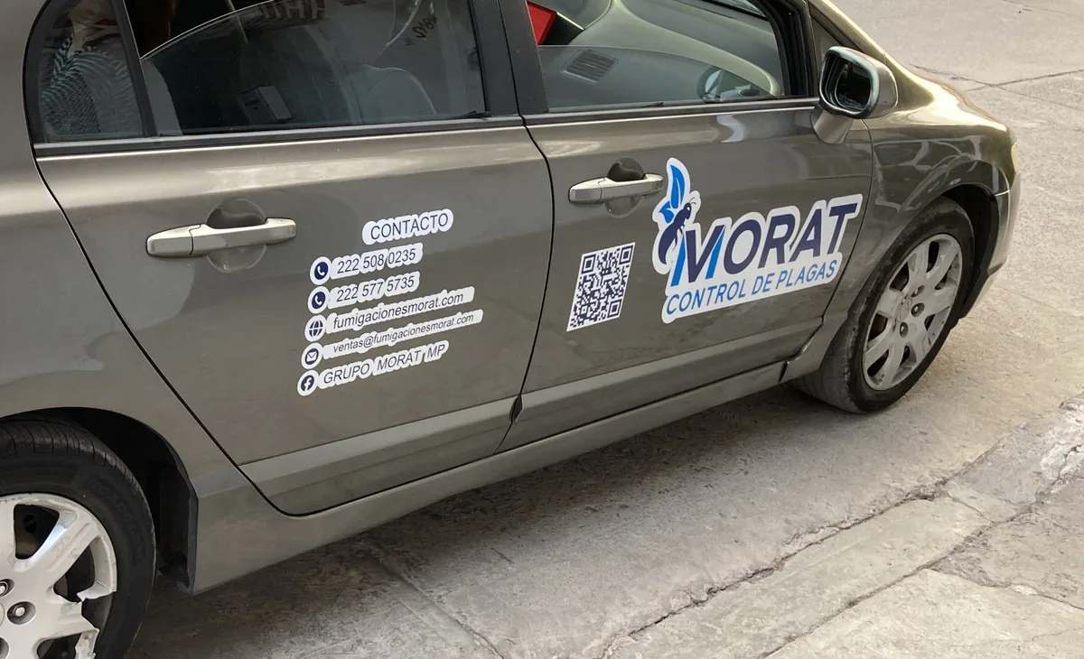 Auto rotulado con el logo y datos de contacto de Morat Control de Plagas